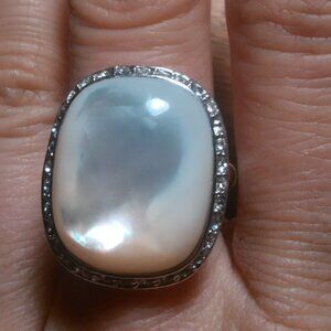 Mother of Pearl and White Crystal Silvertone Ring (Size 10)